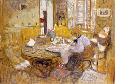 Madame Vuillard lukemassa ruokasalissa, rue Truffaut; Madame Vuillard lukee huoneessa? Eating, rue Truffant, 1903 tekijältä Edouard Vuillard
