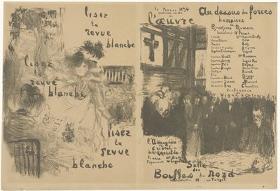 Kansiohjelmavihkonen, jossa on La Revue Blanchen mainos ja ilmoitus näytelmästä Au-dessus des forces humaines Lisez la revue blanche Au-dessus des forces humaines tekijältä Edouard Vuillard