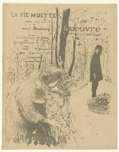 Kansi ohjelmavihkoon, jossa nainen ja kaksi lasta ja mies puistossa näytelmään La vie muette, luettelo rooleista ja näyttelijöistä La vie muette tekijältä Edouard Vuillard