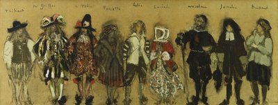 Opiskelu pukuja yhdeksälle näyttelijälle "La Coupe Enchantee" Jean de la Fountaine; Jean de la Fontainen pukututkimukset Lumotun kupin yhdeksän hahmolle, 1918 tekijältä Edouard Vuillard