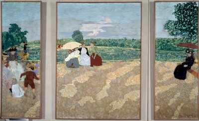 Yleiset puutarhat: sairaanhoitajat, keskustelu ja punainen sateenvarjo - Triptyykki Alexandre Natansonin kartanon koristeluun tekijältä Edouard Vuillard
