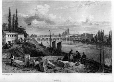 Kaupunkinäkymä Tourille, Indre-et-Loire (Indre-et-Loire), Centre, Ranska. Willmannin kaiverrus Jean-Bernard Mary-Lafonin (Jean Bernard Mary Lafon) teokseen "Ancient and Modern France" tekijältä Edouard Willmann