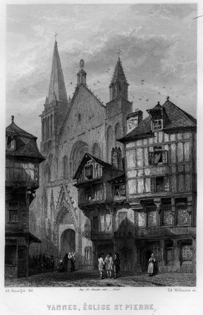 Näkymä Vannesin kaupunkiin ja Saint Pierren kirkolle, Morbihan, Bretagne, Ranska. Willmannin kaiverrus Jean-Bernard Mary-Lafonin (Jean Bernard Mary Lafon) teokseen "La France ancienne et moderne" tekijältä Edouard Willmann
