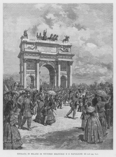 Vittorio Emanuele II:n ja Napoleon III:n sisäänkäynti Milanoon (kaiverrus) tekijältä Edouardo Matania