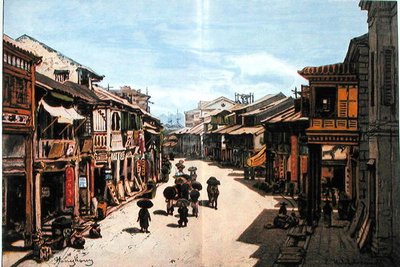 Katu Hongkongissa 1800-luvun puolivälissä (väri litho) tekijältä Eduard (after) Hildebrandt