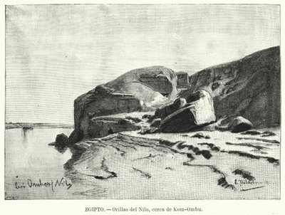 Niilin rannat lähellä Kom Omboa, Egypti (litho) tekijältä Eduard (after) Hildebrandt