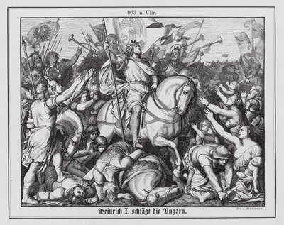 Henrik I, Itä-Frankian kuningas, kukistaa unkarilaiset Riaden taistelussa 933 (kaiverrus). tekijältä Eduard Bendemann