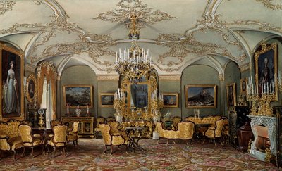 Näkymä Alexandra Fjodorovnan (Fedorovna tai Fedorovna tai Charlotte of Preussia (1798-1860)), tsaari Nikolai I:n vaimon salonki Gatšinan palatsissa. Eduard (Edouard) Haun (1807-1870) akvarelli 1800-luvun Pietari, Eremitaaši tekijältä Eduard Hau