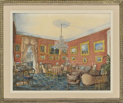 Näkymä taiteilijoiden salista hänen kaupunkitalossaan Nevan rannalla Pietarissa, 1859 tekijältä Eduard Hau
