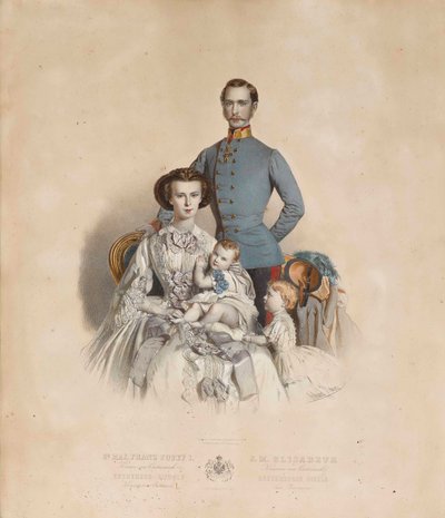 Francis Joosef I ja Itävallan Elisabeth lasten, Giselan ja Rudolfin kanssa tekijältä Eduard Kaiser