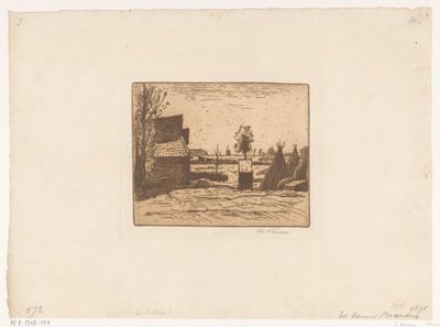 Maatila, jossa navetta ja heinäsirpaleita Maatila (otsikko esineessä) tekijältä Eduard Karsen (signed by artist)