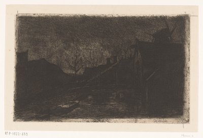 Maisema talojen ja myllyn kanssa yöllä tekijältä Eduard Karsen (signed by artist)