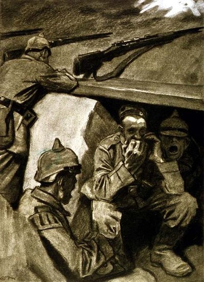 Suuurut juoksuhaudoissa, kuvitus saksalaisesta aikakauslehdestä "Simplicissimus", n. 1915 (litho) tekijältä Eduard Thöny