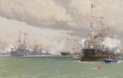 L"Entente Cordiale: Royal Yacht Victoria & Albert III tarkastelee englantilais-ranskalaista laivastoa Cowes Roadilla, 1905 tekijältä Eduardo de Martino