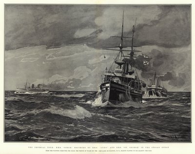 Imperial Tour, H M S Ophir, jota seuraavat H M S Juno ja H M S St George, Intian valtamerellä. tekijältä Eduardo de Martino