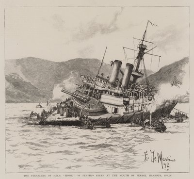 HMS Howen rantautuminen Pereiro-riutoille Ferrolin sataman suulla Espanjassa. tekijältä Eduardo de Martino