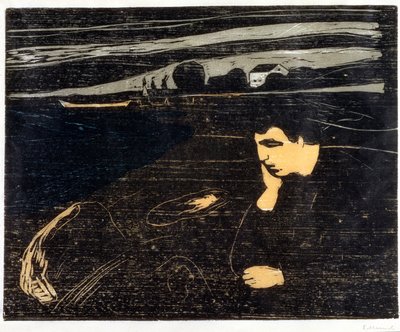 Ilta, melankolia: Rannalla (Abend, Melancholie am Strand) (puupiirros) tekijältä Edvard Munch