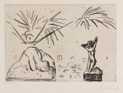 Sisustus, jossa on veistoksia tekijältä Edvard Munch