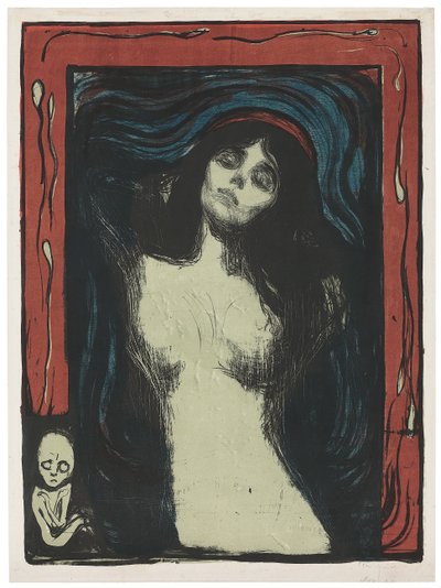 Madonna - Liebendes Weib, n. 1895-1902 (litografia, painettu mustalla, punaisella, sinisellä ja jadenvihreällä valkoisella) tekijältä Edvard Munch