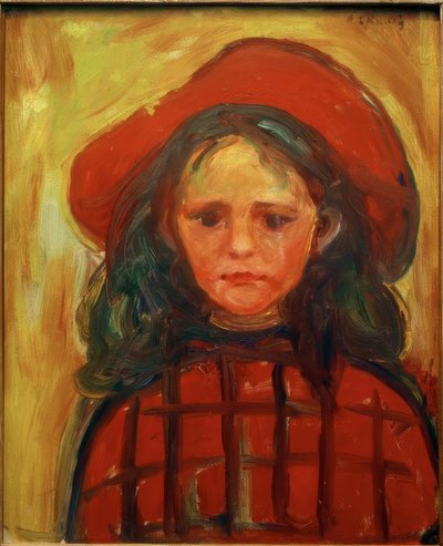 Tyttö, jolla on punainen ruudullinen mekko ja punainen hattu tekijältä Edvard Munch