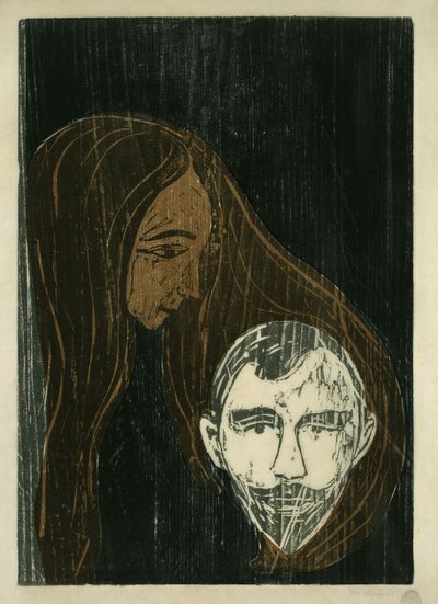 Miehen pää naisen hiuksissa tekijältä Edvard Munch