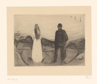 Mies ja nainen seisovat rannalla Kaksi ihmistä (alkuperäinen nimi) tekijältä Edvard Munch