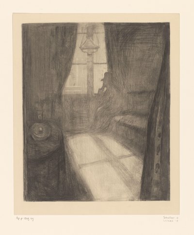 Mies sisätiloissa istuu ikkunan vieressä Kuutamo. Night in Saint-Cloud (alkuperäinen nimi) tekijältä Edvard Munch