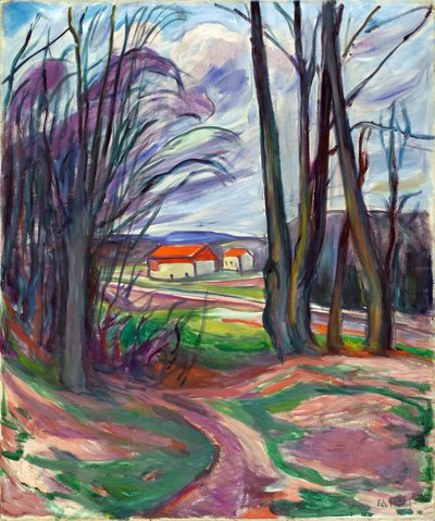 Maisema Skoyenissa (Oslo, Norja). Edvard Munchin (1863-1944) maalaus, öljy kankaalle, noin 1920. Norjan taide, 1900-luku, ekspressionismi. Yksityinen kokoelma. tekijältä Edvard Munch