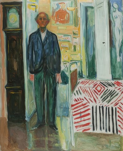 Omakuva. Kellon ja sängyn välissä. 1940-42 tekijältä Edvard Munch