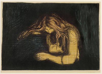 Vampyyri, 1895-1902 (värillinen puupalikka & litografia ohuelle kudottupaperille ohuelle japanilaiselle paperille) tekijältä Edvard Munch