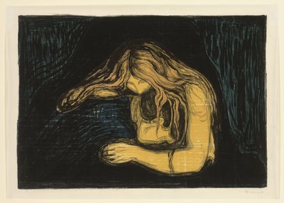Vampyyri II, c. 1895-1902 (litografia ja puupiirros väreissä) tekijältä Edvard Munch