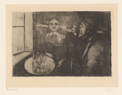 Nainen ja mies polttavat piippua pöydässä Tête-à-Tête (alkuperäinen nimi) tekijältä Edvard Munch