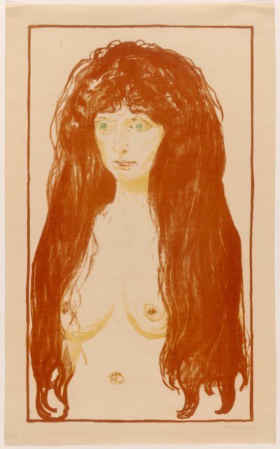 Nainen, jolla on punaiset hiukset ja vihreät silmät. Synti tekijältä Edvard Munch