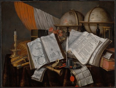 Vanitas-asetelma lipulla, kynttilänjalka, soittimet, kirjat, kirjoitustarvike... tekijältä Edwaert Collier