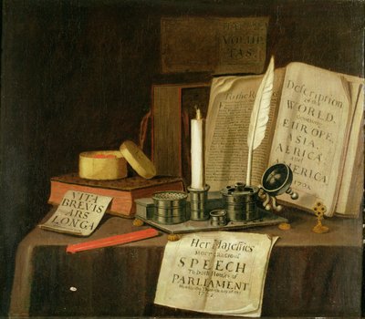 Trompe L"Oeil tinamustetelineellä, kirjoja ja papereita, 1702 tekijältä Edwaert Colyer or Collier