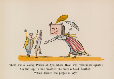 Oli eräs nuori henkilö Ayrista, jonka pää oli huomattavan neliömäinen (värillinen kaiverrus). tekijältä Edward (after) Lear