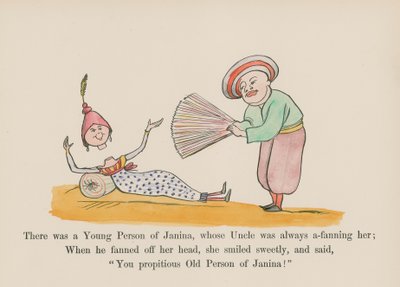 Oli eräs Janina-nuori, jonka setä aina tuuletti häntä (värillinen kaiverrus). tekijältä Edward (after) Lear