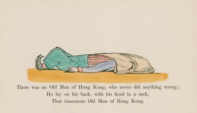 Olipa kerran Hong Kongin vanha mies, joka ei koskaan tehnyt mitään väärää (värillinen kaiverrus). tekijältä Edward (after) Lear