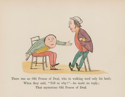 Oli eräs vanhus, joka käytti kävellessään vain kantapäätään (värillinen kaiverrus). tekijältä Edward (after) Lear