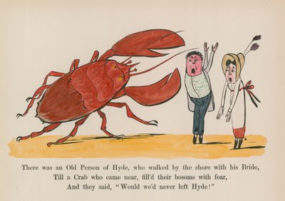 Oli eräs Hyden vanha mies, joka käveli rannalla morsiamensa kanssa (värillinen kaiverrus). tekijältä Edward (after) Lear