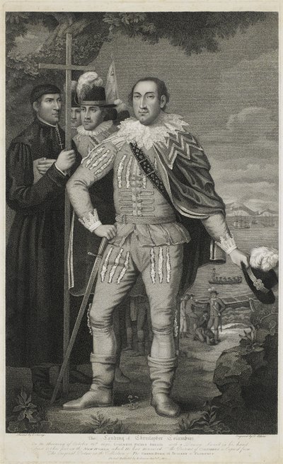 Kristoffer Kolumbuksen maihinnousu, kaiverrus David Edwin (1776-1841) tekijältä Edward (after) Savage