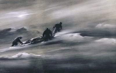 Kolme miestä kelkan kanssa lumessa, 1910-12 tekijältä Edward Adrian Wilson