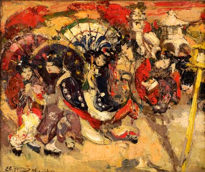 Japanilaisia hahmoja puutarhassa tekijältä Edward Atkinson Hornel