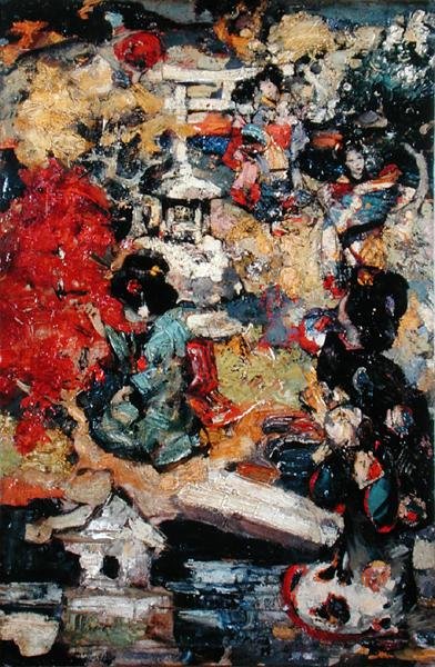 Japanilaisia hahmoja puutarhassa tekijältä Edward Atkinson Hornel