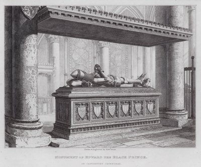 Edward Mustan prinssin muistomerkki Canterburyn katedraalissa (kaiverrus) tekijältä Edward Blore