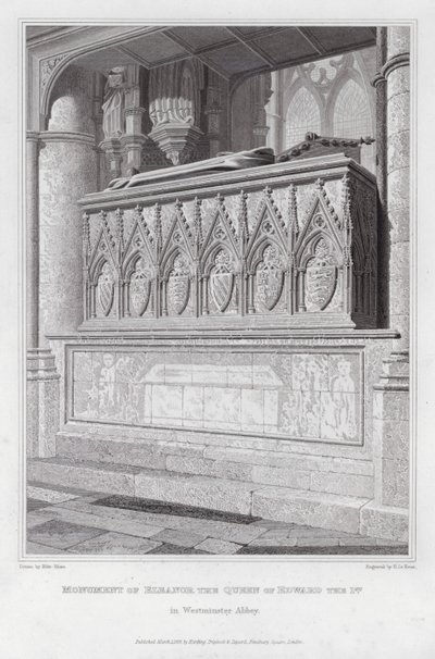 Edward 1:n kuningattaren Eleanor-monumentti Westminster Abbeyssa (kaiverrus) tekijältä Edward Blore