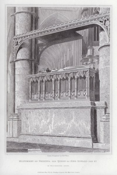 Kuningas Edward 3:n kuningattaren Philippan muistomerkki Westminster Abbeyssa (kaiverrus) tekijältä Edward Blore