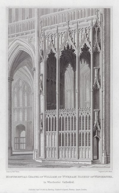 Monumentaalinen kappeli William of Wykhamin piispan Winchesterissä, Winchesterin katedraalissa (kaiverrus) tekijältä Edward Blore