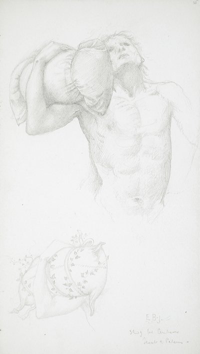 Miesalastonkuva, jossa mies pitelee tyynyä tekijältä Edward Burne-Jones