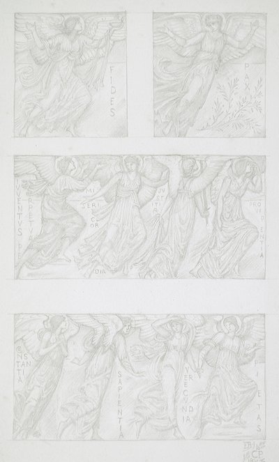 Allegoristen hahmojen luonnoslehtiä tekijältä Edward Burne-Jones